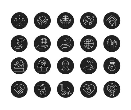 Charity icon set for fundraising campaigns. Social work icon pack for non-profits.