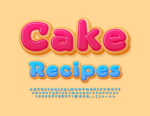 Vector sweet template Cake Recipes with Blue glaze Font. Tasty set of Alphabet Letters, Numbers and Symbols