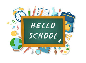 School background. Education concept - school chalkboard with supplies. Back to school concept.