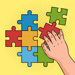 child solve puzzles pinup pop art retro vector illustration. Comic book style imitation.