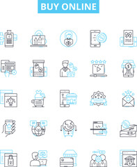 Buy online vector line icons set. Purchase, Order, Obtain, Shop, Buy, Procure, Acquire illustration outline concept symbols and signs