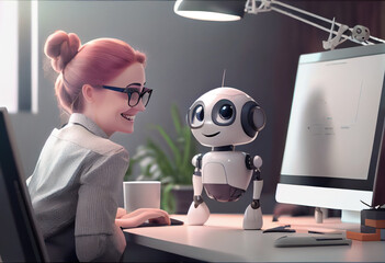 Chat GPT chat bot and woman smiles in office. AI robot for work assistant, communication, student education. Generative AI.