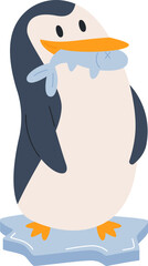 Penguin On Ice Eating Fish