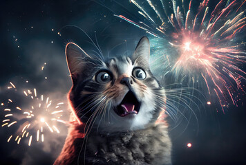 The cat is afraid and shocked by the sound of fireworks with sky background. Pet and animal concept. Digital art illustration. Generative AI