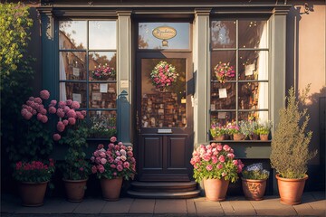 Fototapeta na wymiar Cosy floral shop with shelves of flowers and garden decorations. Generative AI