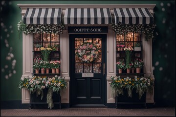 Fototapeta na wymiar Cosy floral shop with shelves of flowers and garden decorations. Generative AI