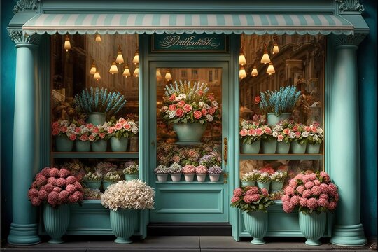 Cosy floral shop with shelves of flowers and garden decorations. Generative AI