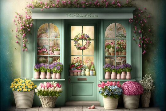 Cosy floral shop with shelves of flowers and garden decorations. Generative AI