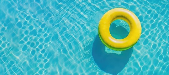 Yellow pool float in blue water, ample copy space, perfect for summer-themed ads or invitations. Generative AI