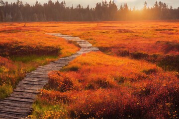 Winding duckboards path in forest through autumn bright orange grass, created with generative ai