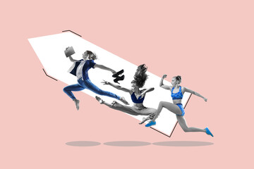 Art collage. Successful, happy woman workers jumping as a worker, as a dancer and as an athlete isolated PNG background. Active lifestyle concept.