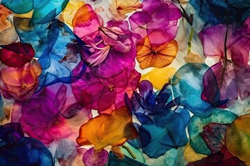 Fototapeta na wymiar Coloured flower petals on each other, overlapping floral elements background - Generative AI