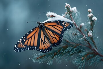 Fototapeta na wymiar wintry scene with the flutter of a monarch butterfly, created with generative ai