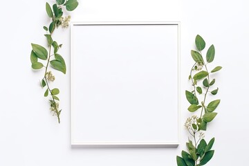 Minimal white frame with green floral around, elegant background with copy space - Generative AI