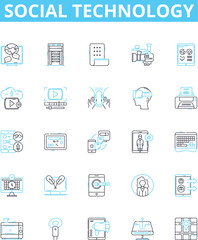 Social technology vector line icons set. social, technology, media, networking, marketing, collaboration, software illustration outline concept symbols and signs