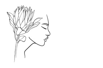 Line drawing of a woman face with protea flower on a white background. Lady face profile with flower outline. Design for cosmetics