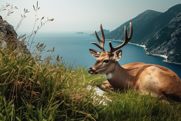 Portrait of deer sitting on top of mountain with sea view