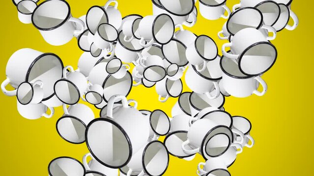 Abstract explosion with white enamel mug flying in different directions on a yellow background. Simple travel animation concept with white mugs