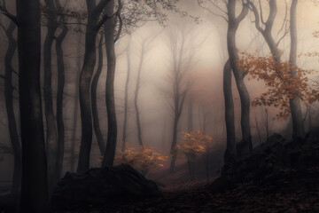 Obraz premium Dense fog in autumn forest with yellow leaves and green moss on tree bark AI generated