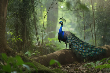 Obraz premium Peacock in deep forest. Generative AI