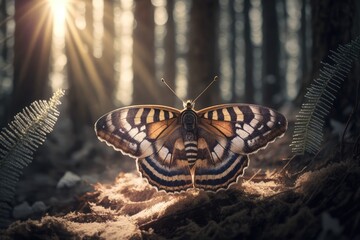 Plakat butterfly basking in rays of warm sunlight in wintertime forest, created with generative ai