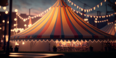 Circus Day, a festive red and white circus tent on the day of the festival against the backdrop of the city with people. Entertaining holiday concept and fun glowing lights. Generative AI.