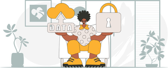 Man with cloud storage, padlock and modern vector style character.