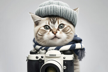 Cute stylish cat photographer with a camera. Generative AI