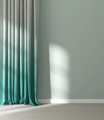 Turquoise blue gradient tie dye curtain drape in sunlight, window grille shadow on pastel green wall, gray carpet floor for modern interior decoration, luxury fashion, beauty product background 3D