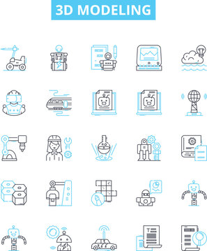 3d modeling vector line icons set. 3D, Modelling, Modeling, Designs, Rendering, Animation, Shapes illustration outline concept symbols and signs