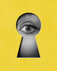 Hidden secrets. Female eye attentively looking into keyhole against yellow background. Contemporary art collage. Conceptual design. Concept of creativity, abstract art, imagination and inspiration. - obrazy, fototapety, plakaty