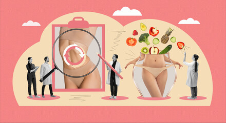 Metabolism of human organism. Young woman eating diet food. Digestion, dieting, healthcare, metabolic system and hormones concept. Contemporary art collage