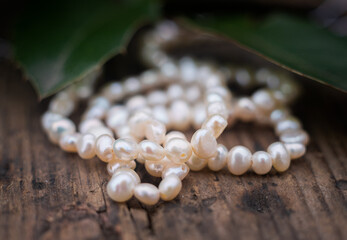 Natural freshwater pearls of various shapes and colors are photographed on a wooden board and a...