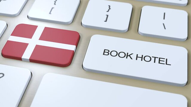 Book hotel in Denmark with website online. Button on computer keyboard. Travel concept 3D animation. Book hotel text and Danish national flag