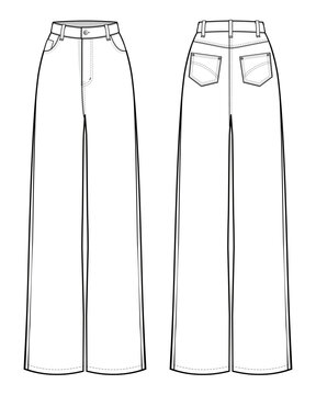 recommend clip art: High Waist Wide Leg Straight Loose Long Jeans fashion flat technical drawing template. Denim jeans technical fashion Illustration, front and back view, white, CAD mockup.