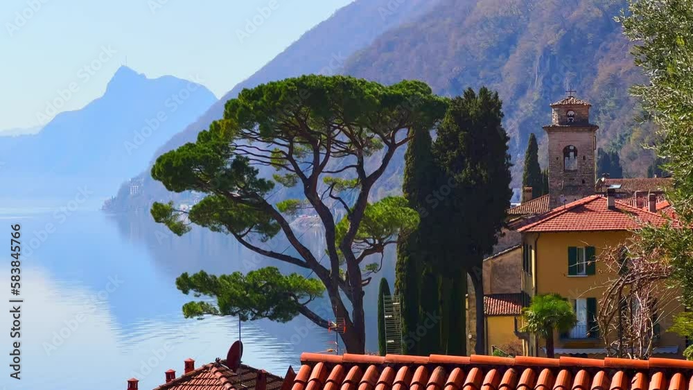 Poster Monte San Salvatore from bank of Lake Lugano, Oria, Valsolda, Italy