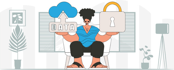 Modern vector styled man with padlocked cloud storage.