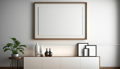 Fototapeta na wymiar Wooden blank frame mockup on wall in modern interior. Horizontal artwork template mock up for artwork. Generative Ai.
