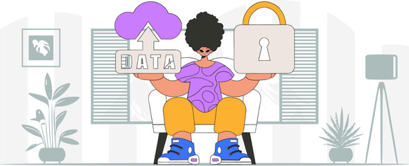 Man with cloud storage and a padlock, modern character style in vector format.