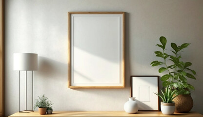 Wooden blank frame mockup on wall in modern interior. Horizontal artwork template mock up for artwork. Generative Ai.