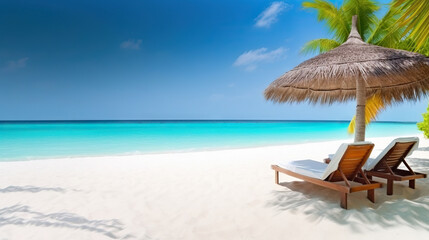 Fototapeta premium Ocean beach with white sand, umbrella and two sunbeds. Based on Generative AI
