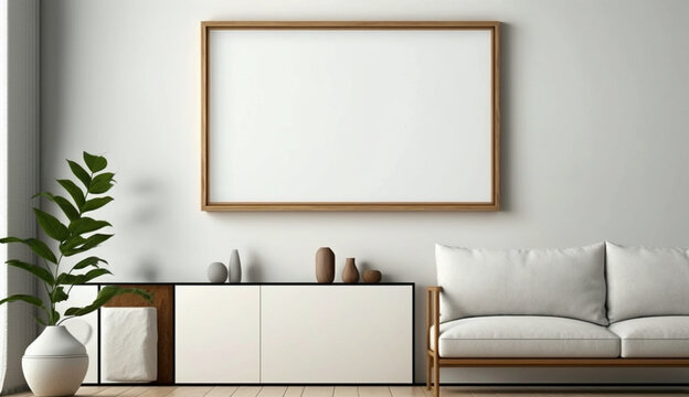Wooden blank frame mockup on wall in modern interior. Horizontal artwork template mock up for artwork. Generative Ai.