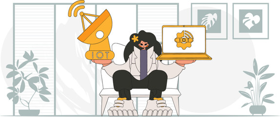 Woman with laptop and satellite dish for IoT, cartoon.style vector illustration.