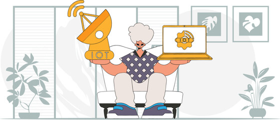 A modern vector character with a laptop and satellite dish for Internet of Things.