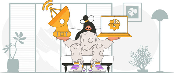 Illustration of a female with a laptop and satellite dish, representing modern tech for the Internet of Things.