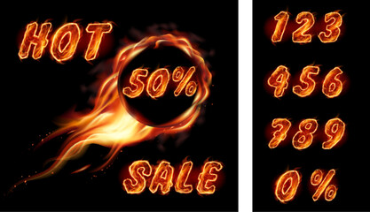 Transparent realistic round  fire flame frame with burning text. Hot sale and perсent and digit for your business banners - obrazy, fototapety, plakaty