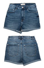 female denim shorts isolated on white background, front and back view