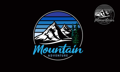 Mountain Adventure Vector Logo Template. The main symbol of the logo is mountains and pines tree this logo symbolizes a nature, peace, and calm, this logo also look modern, sporty, simple and young. 