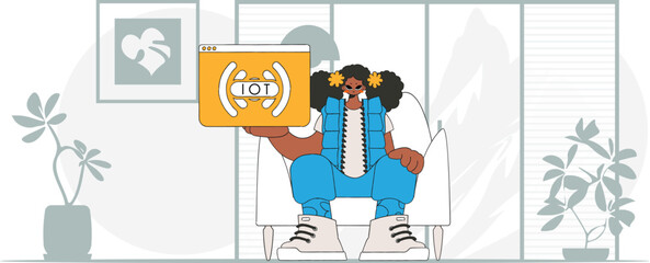 Girl sits on floor, cradles IoT logo in modern vector style.