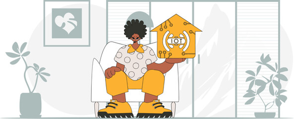 A man is seated on the ground, grasping an IoT logo. Contemporary vector depiction.